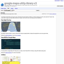 Libraries - google-maps-utility-library-v3 - List of libraries here and quick links to them - Open source project to be a central repository of utility libraries that can be used with the Google Maps API JavaScript v3.