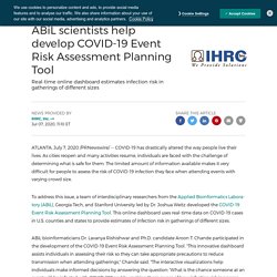 PRNEWSWIRE 07/07/20 ABiL scientists help develop COVID-19 Event Risk Assessment Planning Tool