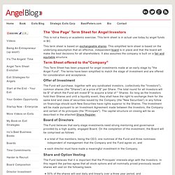 One Page Term Sheet for Angel Investors - Basil Peters