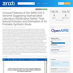 Unusual Features of the SARS-CoV-2 Genome Suggesting Sophisticated Laboratory Modification Rather Than Natural Evolution and Delineation of Its Probable Synthetic Route