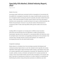 Specialty Oils Market, Global Industry Report, 2027 – Telegraph