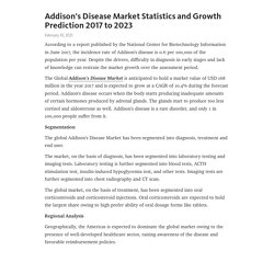 Addison's Disease Market Statistics and Growth Prediction 2017 to 2023 – Telegraph