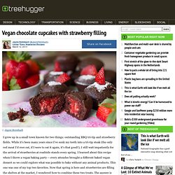 Vegan chocolate cupcakes with strawberry filling