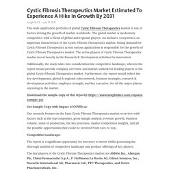 Cystic Fibrosis Therapeutics Market Estimated To Experience A Hike In Growth By 2031 – Telegraph