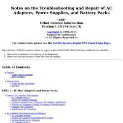 Notes on the Troubleshooting and Repair of AC Adapters, Power Supplies, and Battery Packs, and Other Related Information