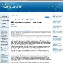 EUROSURVEILLANCE 26/05/16 Au sommaire: Dengue and other Aedes-borne viruses: a threat to Europe? G Rezza ;