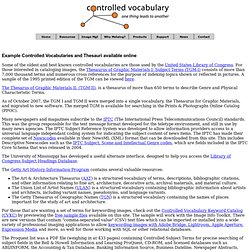 Examples of Controlled Vocabularies, Keyword, Hierarchical Classification, Thesauri, Taxonomy and Subject Heading systems used in databases (Controlled Vocabulary, Thesaurus, facet classification, Hierarchy)