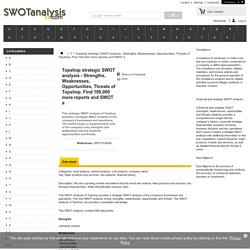Topshop strategic SWOT analysis - Strengths, Weaknesses, Opportunities, Threats of Topshop. Find 100,000 more reports and SWOT a