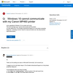 Windows 10 cannot communicate with my Canon MP460 printer
