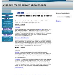 Windows Media Player 11 Codecs. Video Codecs A DirectShow decoding filter for decompressing DivX, XviD, H.264, FLV1, WMV, MPEG-1 and MPEG-2, MPEG-4 movies.