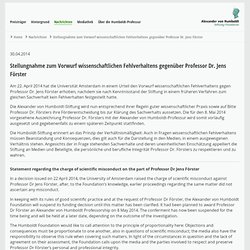 Appèl: Stellungnahme zum Vorwurf wissenschaftlichen Fehlverhaltens gegenüber Professor Dr. Jens Förster