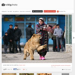 woman takes lion for a walk photo